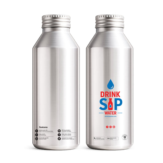 Drink Sip Water aluminum bottle showing front label with logo and back with product features